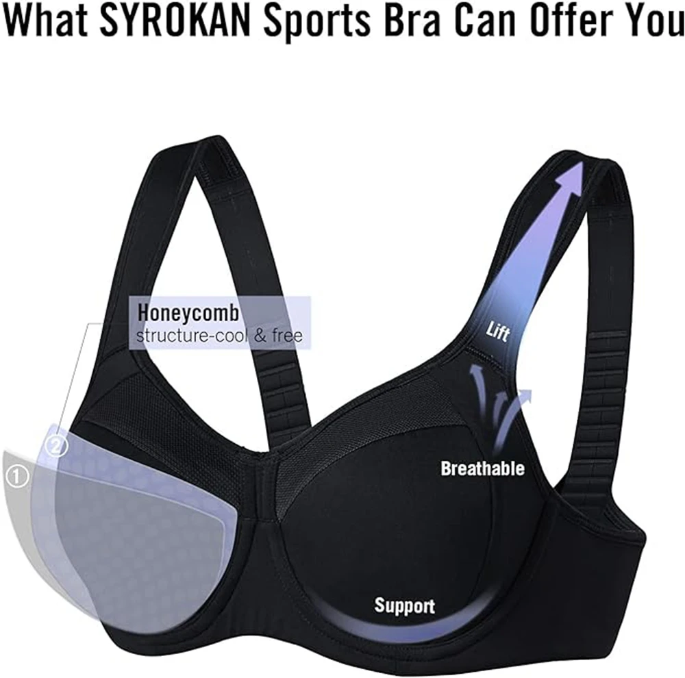 SYROKAN Sports Bras for Women High Impact Support Underwire Full Coverage Lightly Padded Running Gym Workout Bra Shockproof