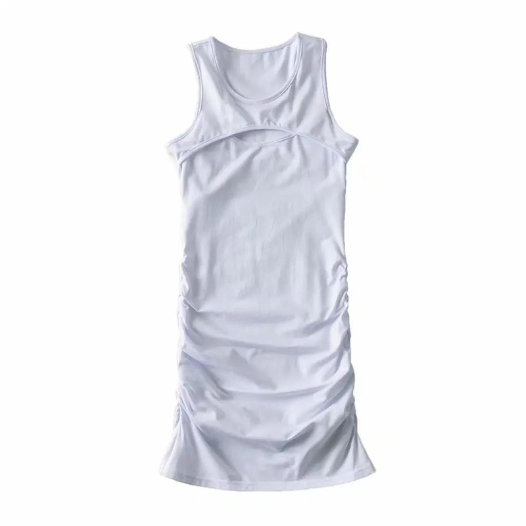 YPFF verão fino ajuste colete saia sem mangas em torno do pescoço cintura plissada estilo europeu americano vestido casual para mulher