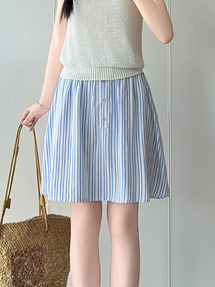 Striped A-line Skirt Casual Fresh Women's Clothing 2024 Fashion Girl Summer New High Waist  Puffy Short Skirts Slim Fit Slimming