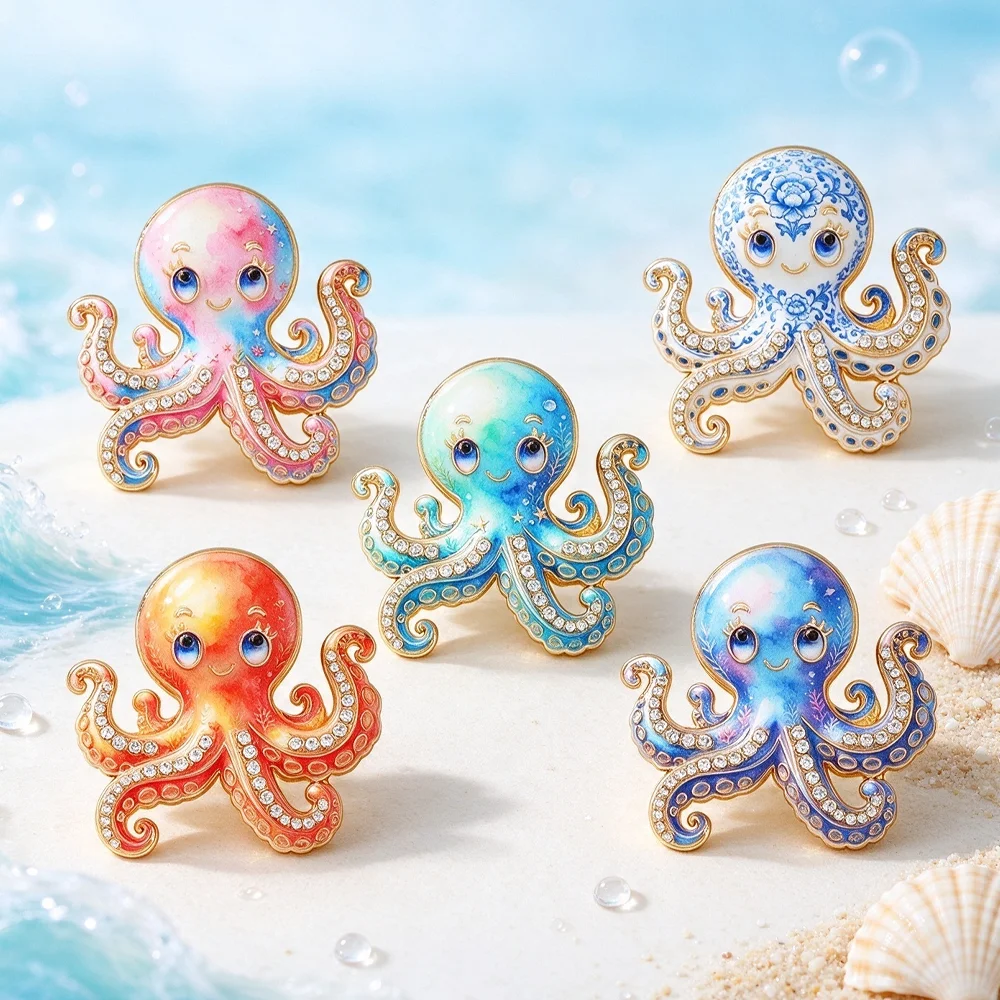 Cute Gradient Octopus Enamel Brooch Rhinestone Decor Smiley Sea Creature Lapel Pin Ocean Animal Coat Accessories