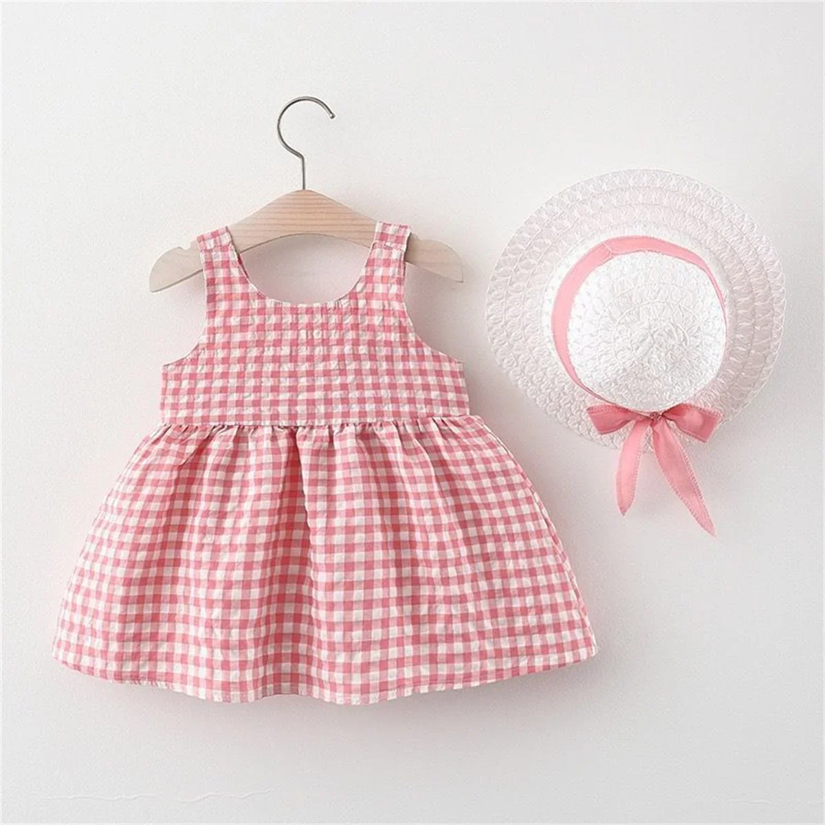 2Pcs/Set Baby Girl Plaid Sweet Bow Summer Birthday Party Dress Toddler Kids Outfits 0 To 3 Years Children Clothes Suit + Hat