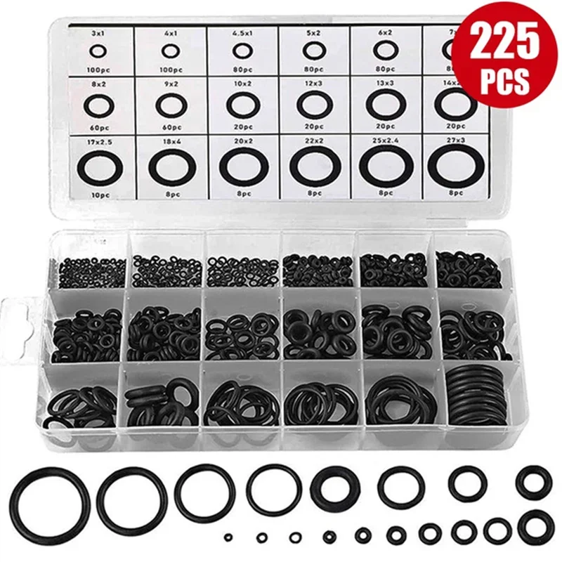 225PCS Rubber O Ring Oil Resistance O-Ring Washer Gasket Seals Watertightness Assortment Different Size With Plastic Box Kit Set