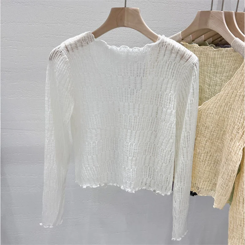 Summer Women Thin Sunscreen Cover Up Cardigan Lace-up Knitwear Tops Female Korean Long Sleeve Short Coat Casual Sun Protected