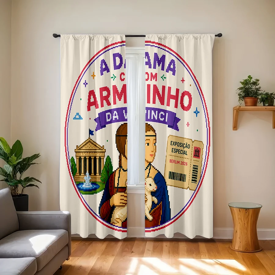 2PCS Curtains, Retro Pixel Circular Badge Print Featuring Da Vinci's Lady With Ermine Portrait, Classical Columned Building With