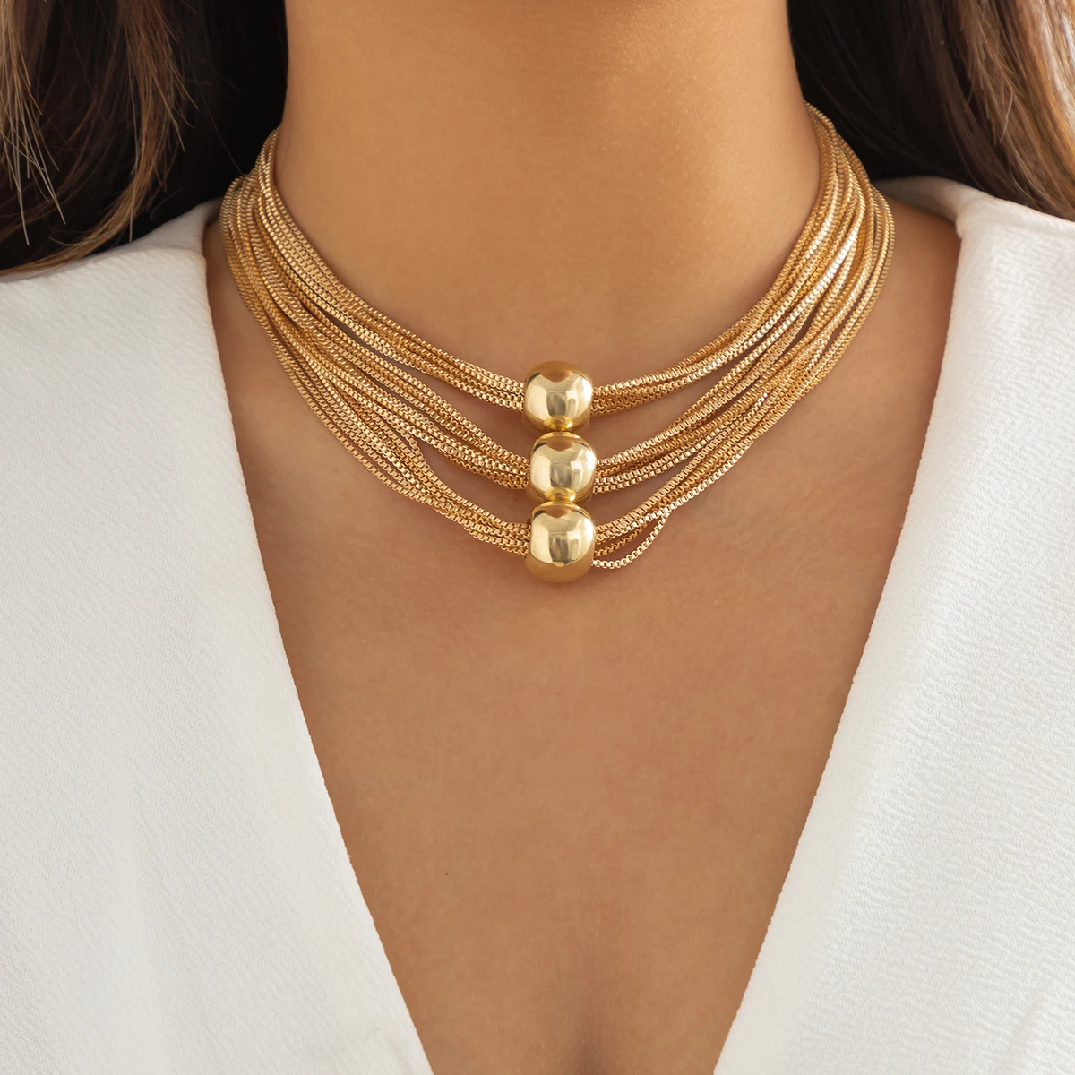 IngeSight.Z wielowarstwowy przesadny materiał CCB duży naszyjnik typu choker z kulką dla kobiet w stylu Vintage złoty kolor masywny łańcuszek do obojczyka