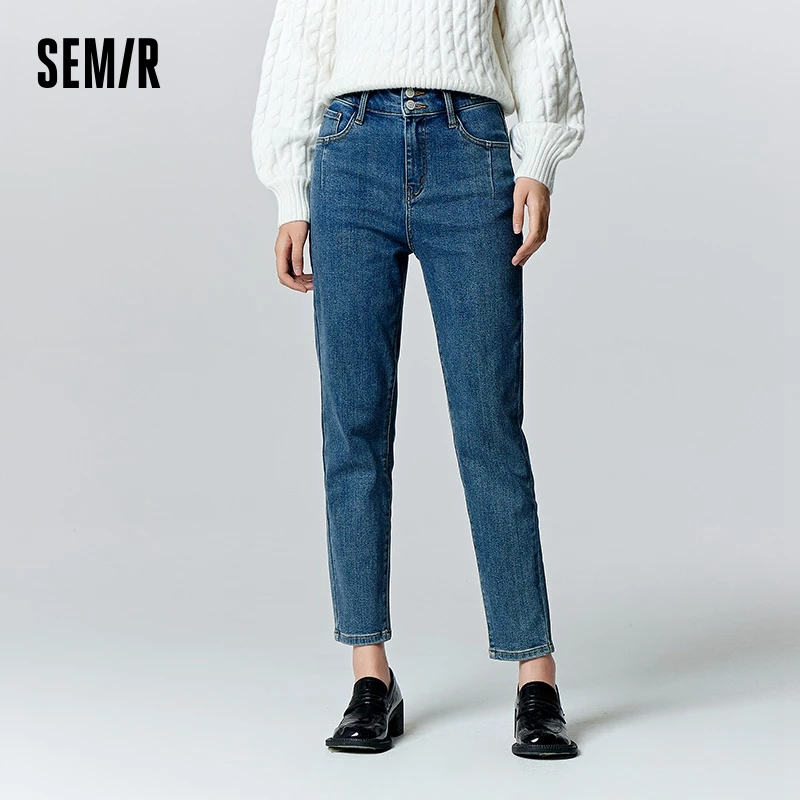 Semir Jeans Women Comfortable Sueded Long Pants Versatile Winter Lady's Simple Slimming Tapered Pants