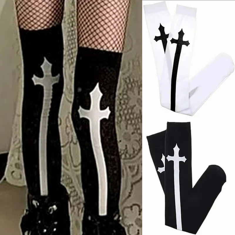 Gothic Sexy Retro Lolita Cross Print Club Stockings Goth Cosplay JK Girls Long Sock Polyester Over Knee Thigh High Hosiery