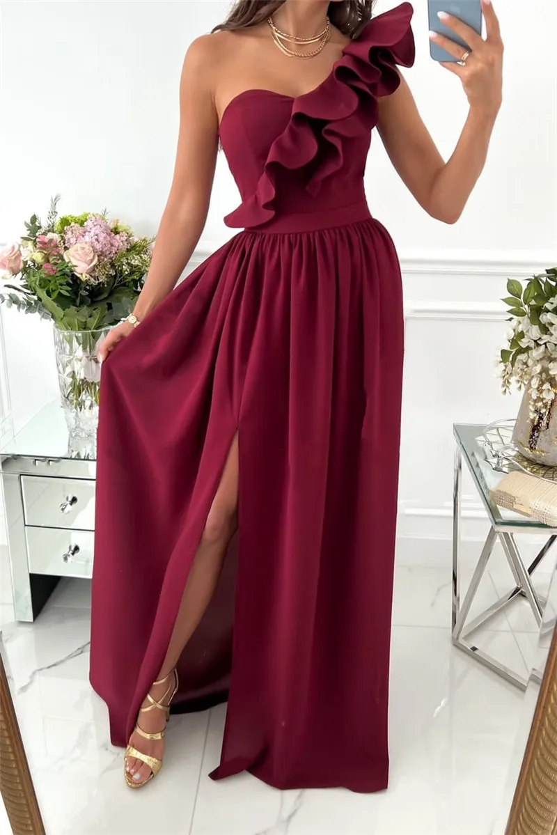 Red Evening Long Dress Women One Shoulder Flower Appliques Sleeveless Cutout Bodycon Party Prom Dresses Backless Long Gown Robe