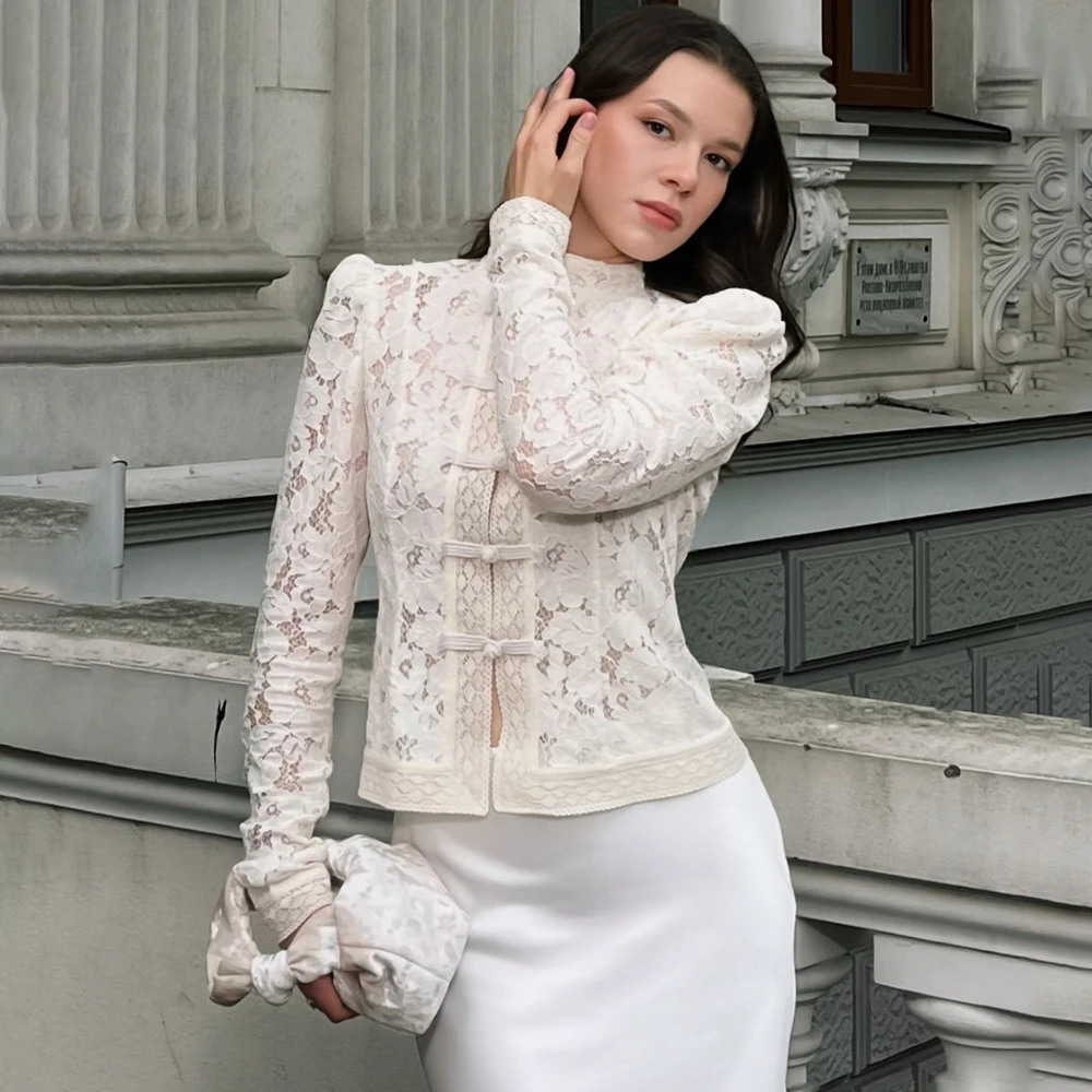 Tuularose Luxus Spitze Bluse Mode Spitze Druck Einreiher Dünnes Hemd Vintage Elegante Party Aussehen Sommer Frauen Bluse Tops