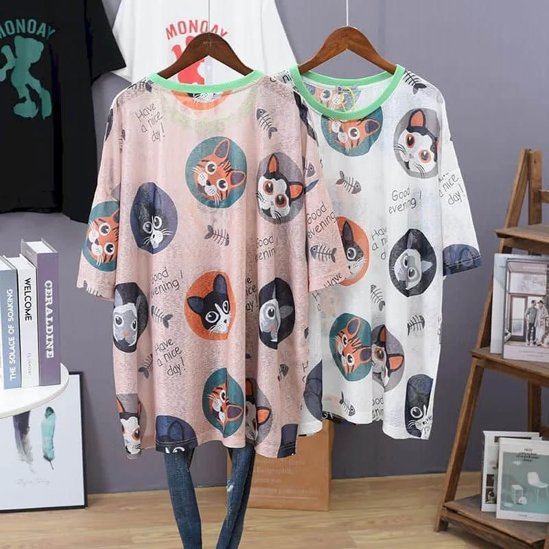 T-shirt da donna lavorata a maglia in seta di ghiaccio gotico o-collo protezione solare top oversize casual stile coreano grembiule mezza manica abiti estivi