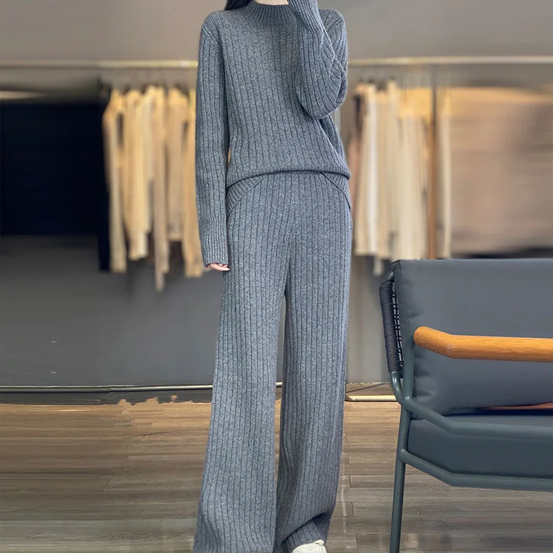 Women 100% Wool Striped Set Mock-neck Pullover Wide Leg Pants Spring Autumn Winter Wool Sweater Knitwear Trousers Two-piece suit