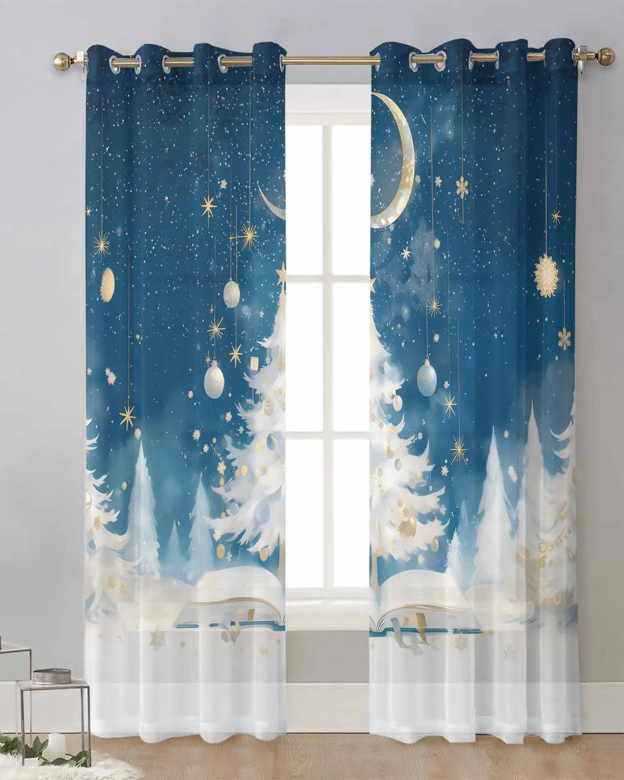 

Christmas Tree Stars Moon Books Snowflakes Sheer Curtains for Living Room Printed Tulle Window Curtain Luxury Home Decor Drapes