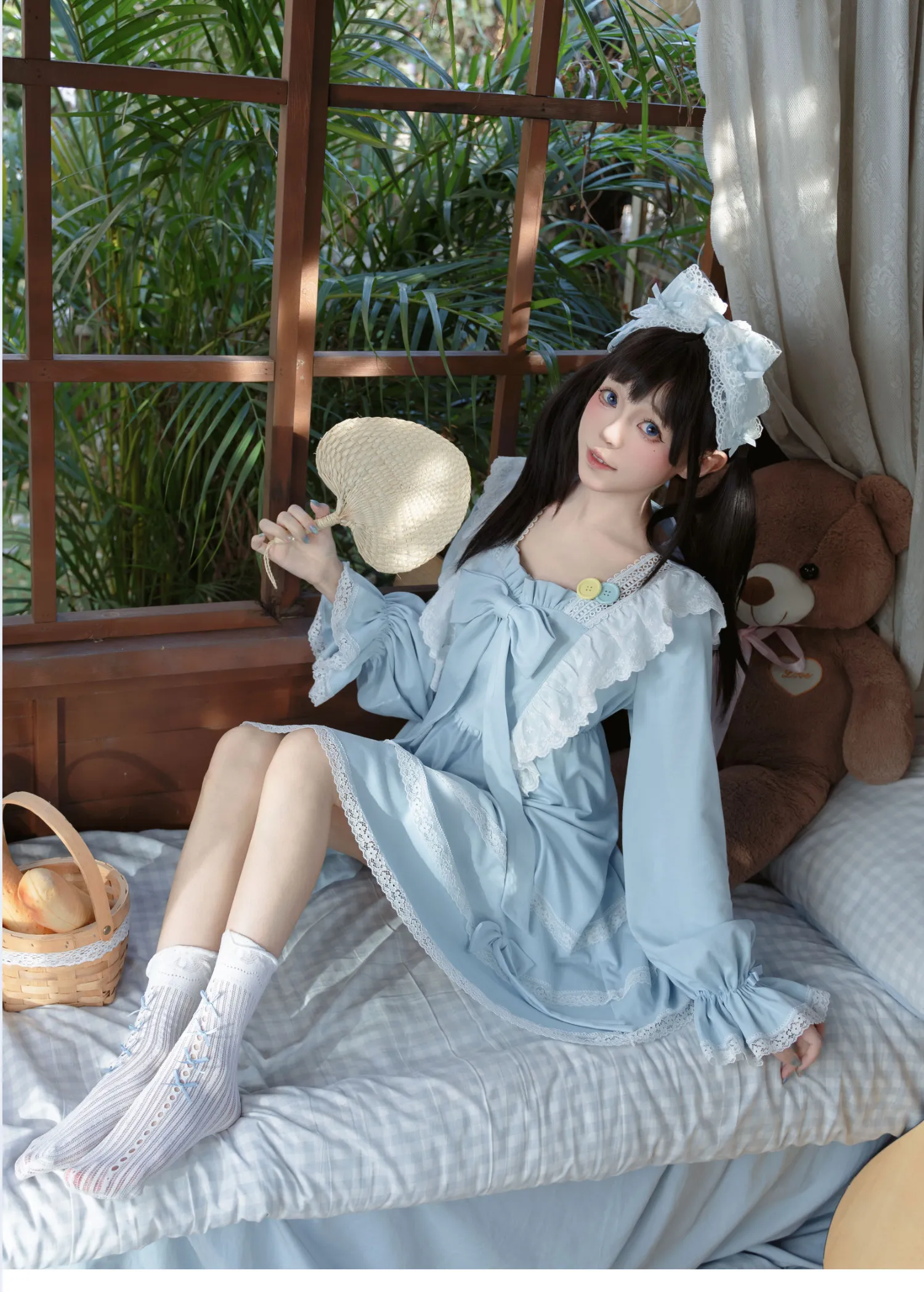 Sweet Lolita Lace Ruffle Nightgown with Bow Decor Women's Cotton Blue Princess Style Lace Bow Can Be Worn Outside Loungewear