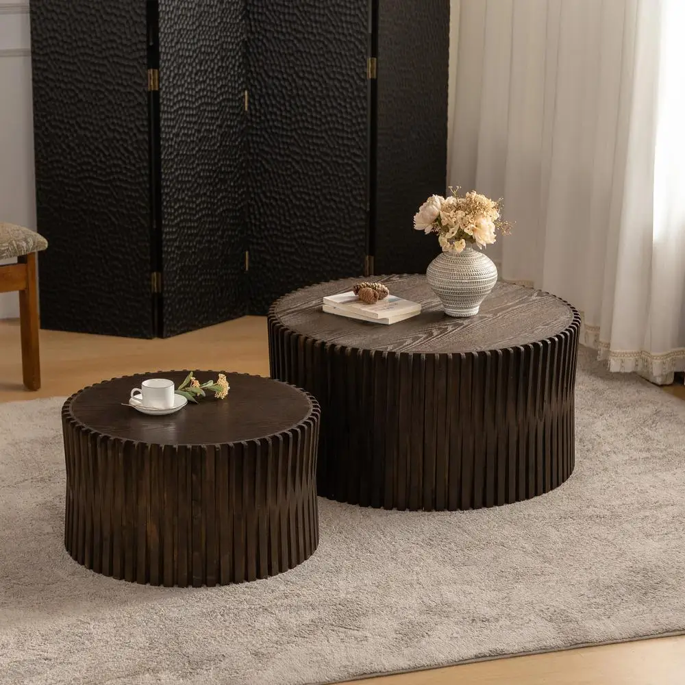 Vintage Nesting Coffee Table Set Cylindrical Dark Brown Textured Embossed Fir Wood MDF Modern Farmhouse Living Room Office 2pc