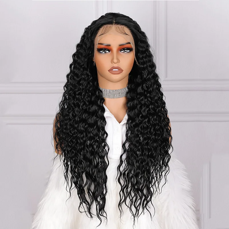 

26-дюймовый черный 180 Плотность бесклеевой синтетический странный вьющийся длинный парик 13*4*1 кружевной передний парик для чернокожих женщин детские волосы предварительно выщипанные