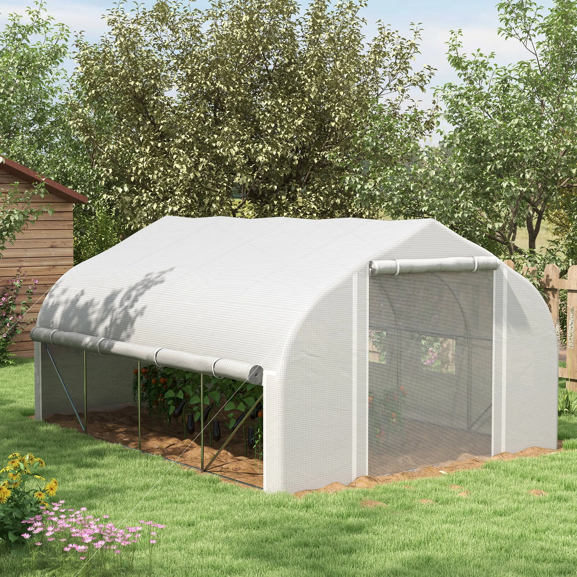 Outrsunny 4x3x2 m tunnel greenhouse with mesh door and 8 white windows