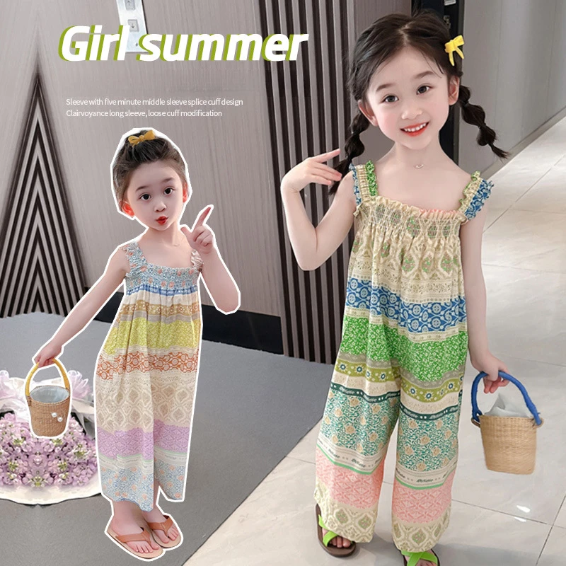 2025 Baby Girl's Western Style Strap Jumpsuit New Summer Sleeveless Color Blocked Strap Set Loose Comfortable and Fashionable