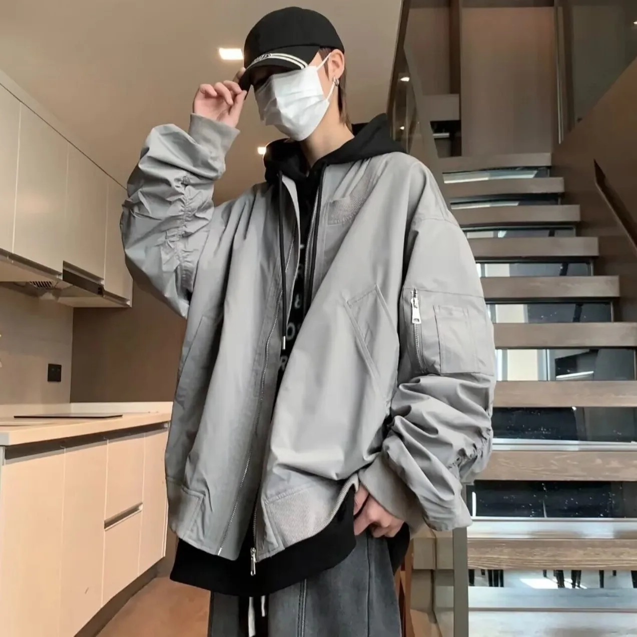 

Men's Casual Pilot Jaet Autumn Winter plus Size 250 Pou American Sle Baseball Collar Multi-ket Outdoor Coat