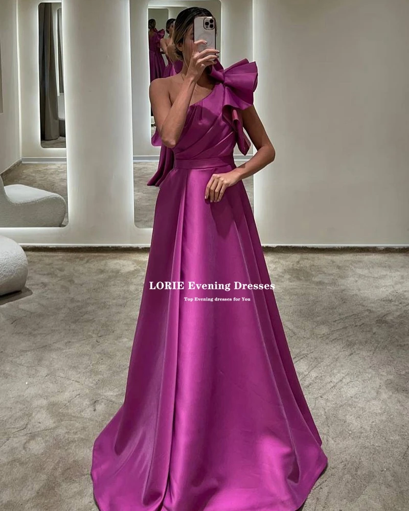 LORIE One Shoulder A-line Satin Evening Dresses Bow Pleat Belt Satin Formal Event Gowns Prom Dress Vintage Vestidos De Noche