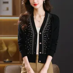 Women Korean Fashion Diamonds Luxury Chic Button Up Knitted Cardigan Spring Autumn Elegant V Neck Long Sleeve Slim Sweater Coat