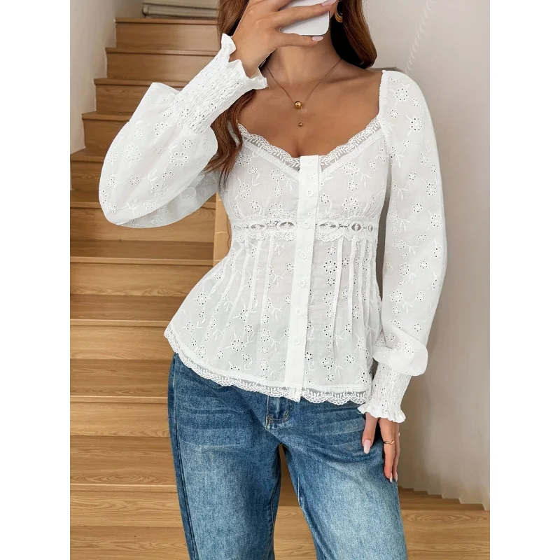 Women'S Elegant Lace Patchwork Button Front Pleated Embroidered Shirt