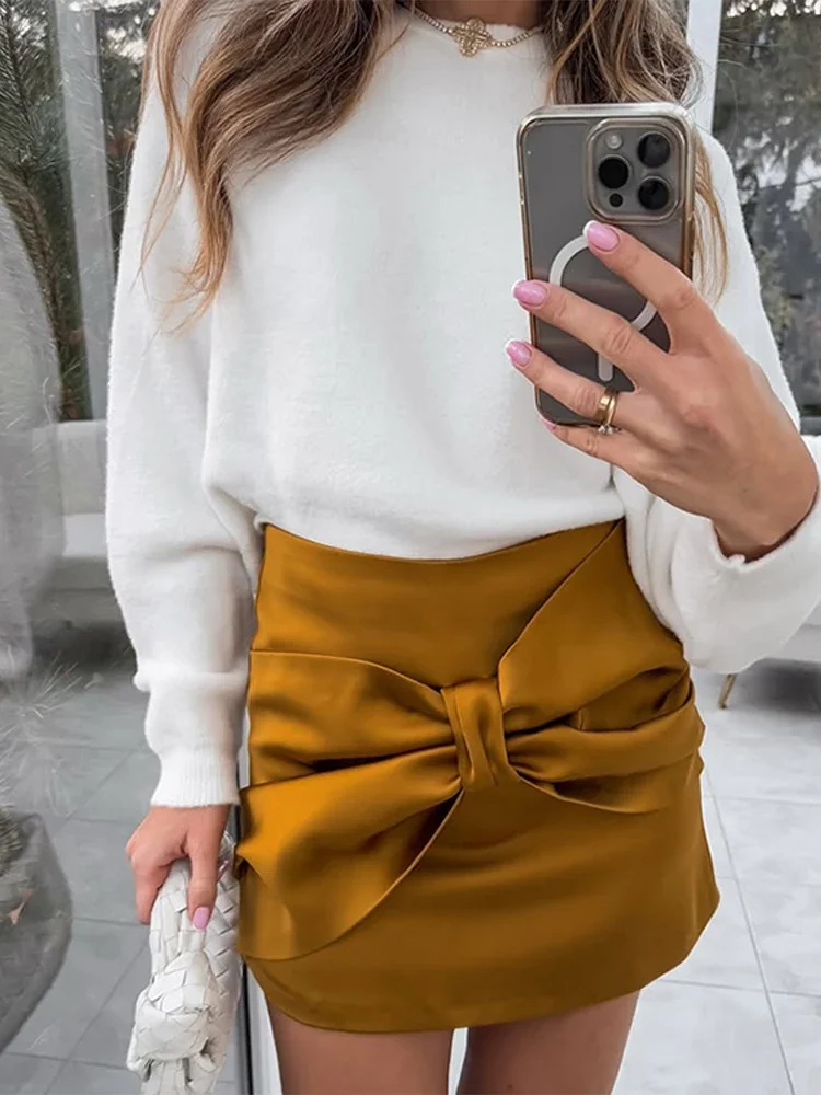 

Fashion 3D Bow Women Mini Skirt Yellow Slim High Waist Lady A Line Skirts 2025 Elegant Pleat Spring Summer Commute Female Skirt