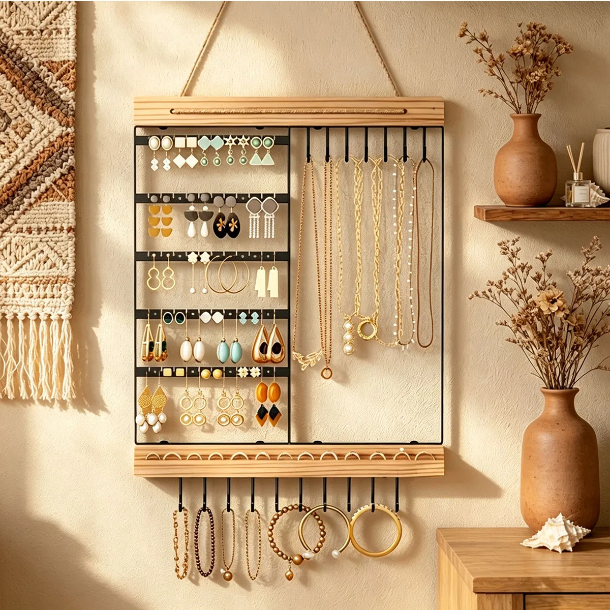 Bohemian Style Light Luxury Wall-Mounted Jewelry Display Rack Fixed Wooden Iron Jewelry Hanger Earrings Necklace Bracelet Wall D