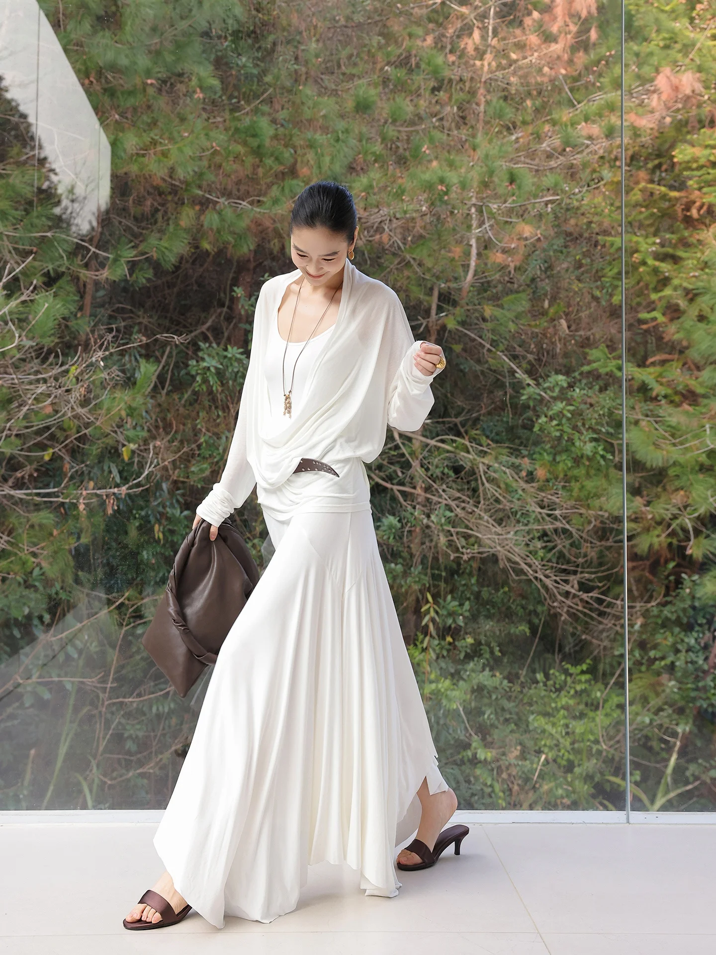 

JWUNIQUE Cloud Robe Long Dr Set Draped Loose Fit White Lazy Sle Women's Faion Ensemble Spring Season Four Seasons