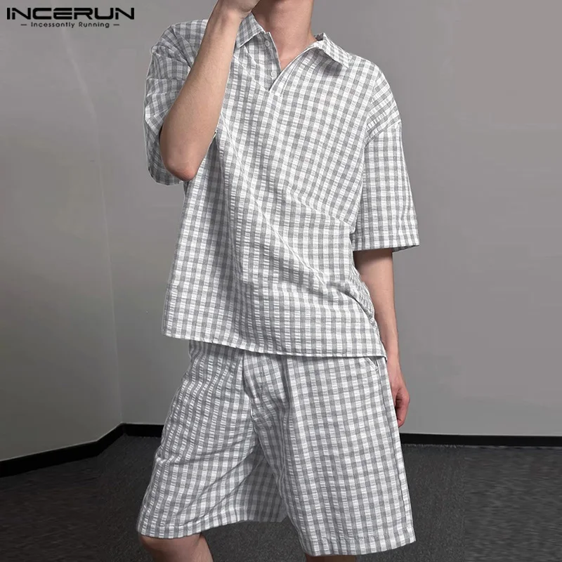 

Summer Short Sleeve Men's Sets Fashion INCERUN Plaid Two-piece Suits 2PCS Shorts Streetwear Men's Clothing Short Pant T-shirts