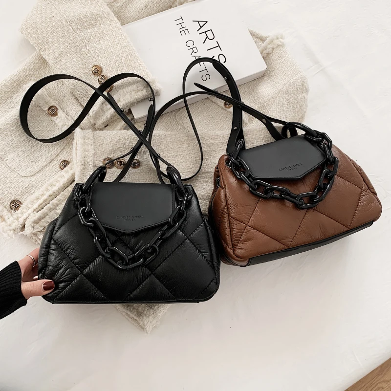 Kawaii Tote Bag 2024 Hit Winter PU Leather Padded Quilted  Women\'s Designer Handbag Luxury Brand Chain Shoulder Crossbody Bags