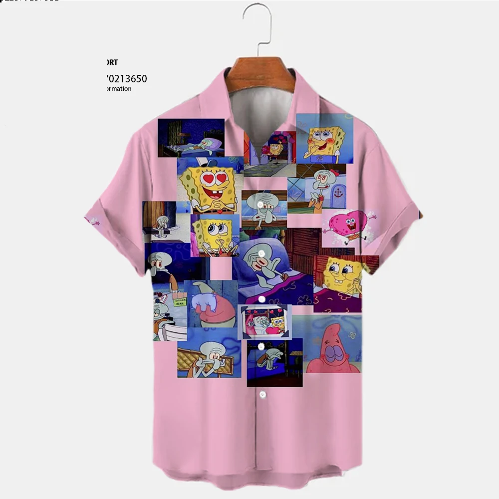 Camiseta de manga corta con estampado de Bob Esponja para hombre, camisa veraniega de estilo Harajuku, informal, versátil, con solapa, a la moda,