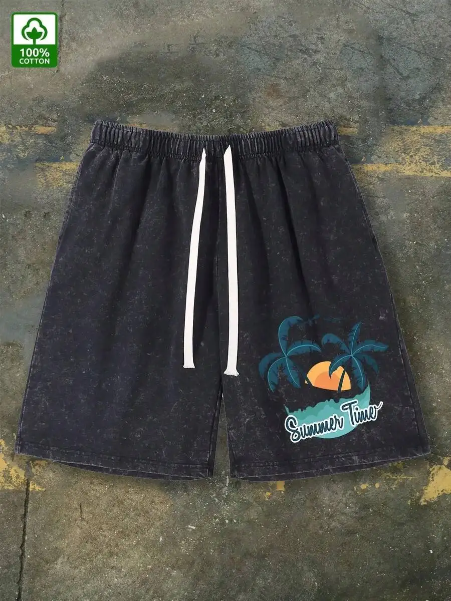 

Faded Washed Cotton Mens Casual Shorts With Palm Tree Sunset Print Elastic Waist Drawstring