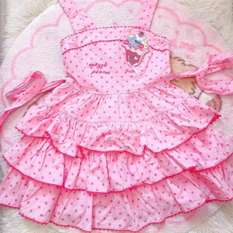 2025 giapponese Kawaii Lolita stile cinturino vestito da donna dolce gelato ricamo a pois stampa torta abiti Y2k partito mini abito