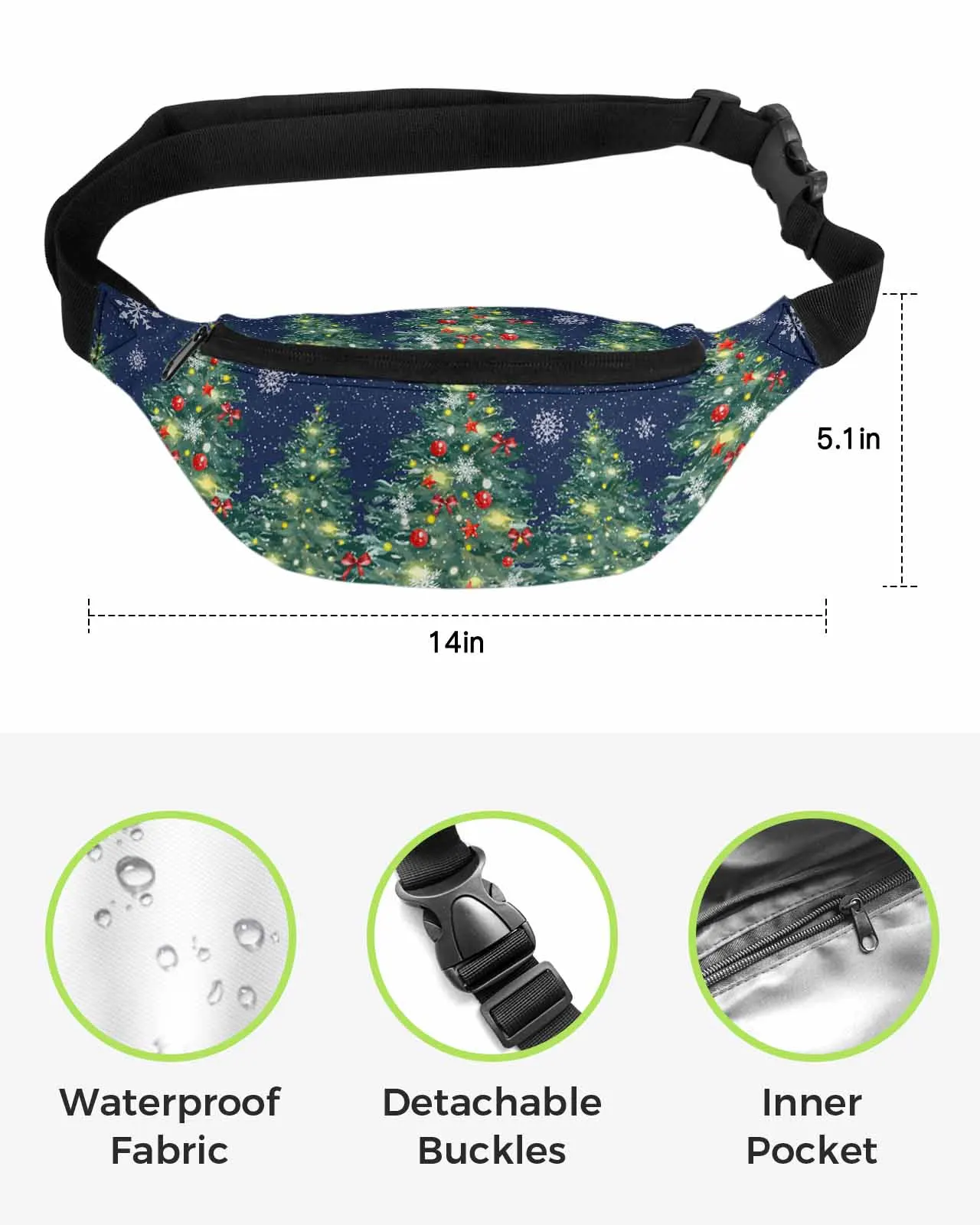 Christmas Tree Text Snowflake  Men Women Waist Bag Fanny Pack Phone Belt Bag Wallet Pouch Waterproof Banana Hip Bags