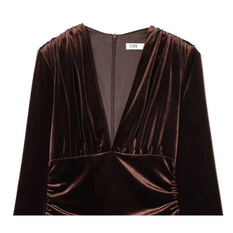 Robe mi-longue en velours pour femmes, nouvelle mode printemps-automne, col en V pliable, manches longues, élégante, Slim, Chic, robe de soirée, 2026
