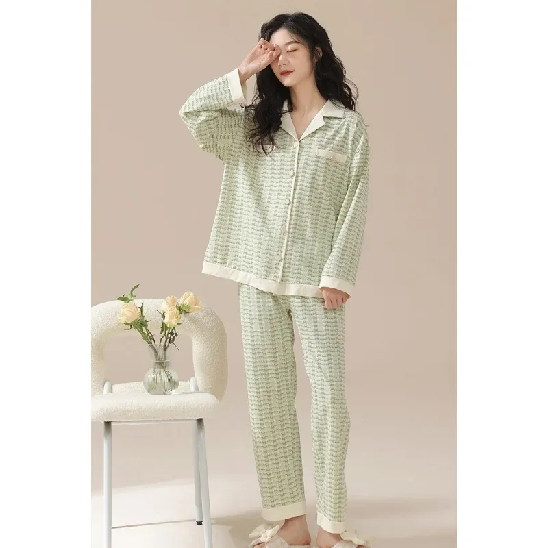 Pyjama en coton doux imbibé pour femmes, cardigan à revers élégant, vêtements de nuit à manches longues, nouveaux vêtements d'intérieur coréens, modèles de printemps et d'automne