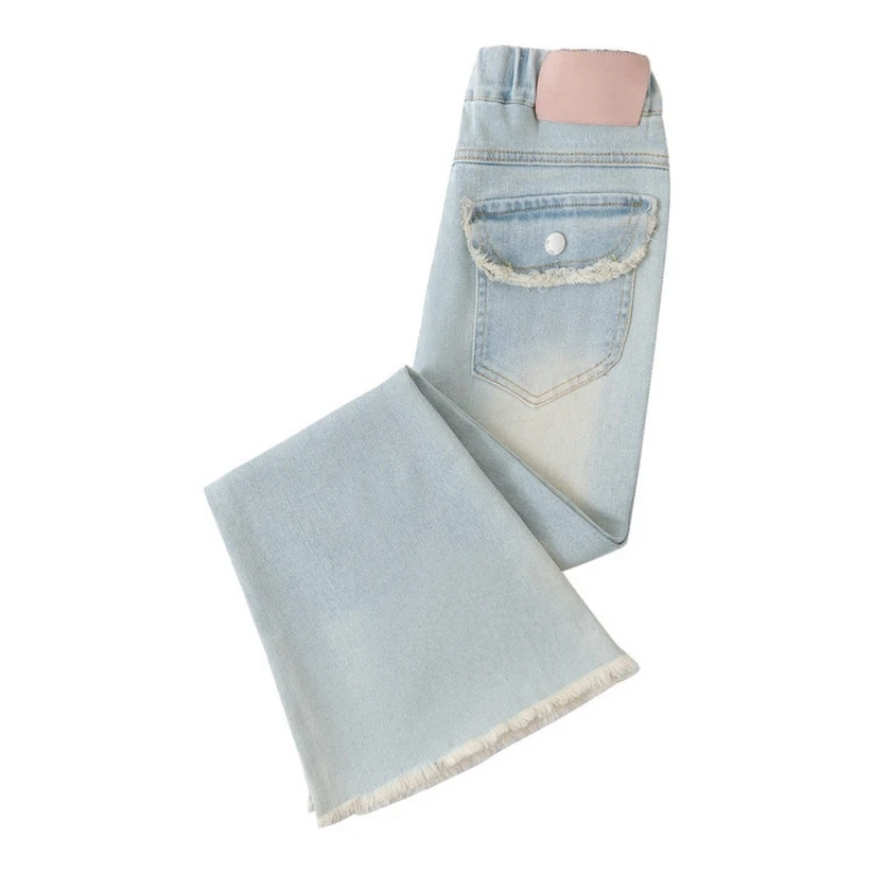 

Kids Girls Flared Jeans Light Blue Slim Fit Frayed Hem Denim Long Pants Children Bell Bottoms Teen Fashion Streetwear