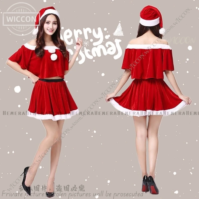 

Sexy Red Christmas Dress Halloween Costume Christmas Cosplay Costume Top+Skirt+Hat Role Play Christmas Dating Outfit Fancy Skirt
