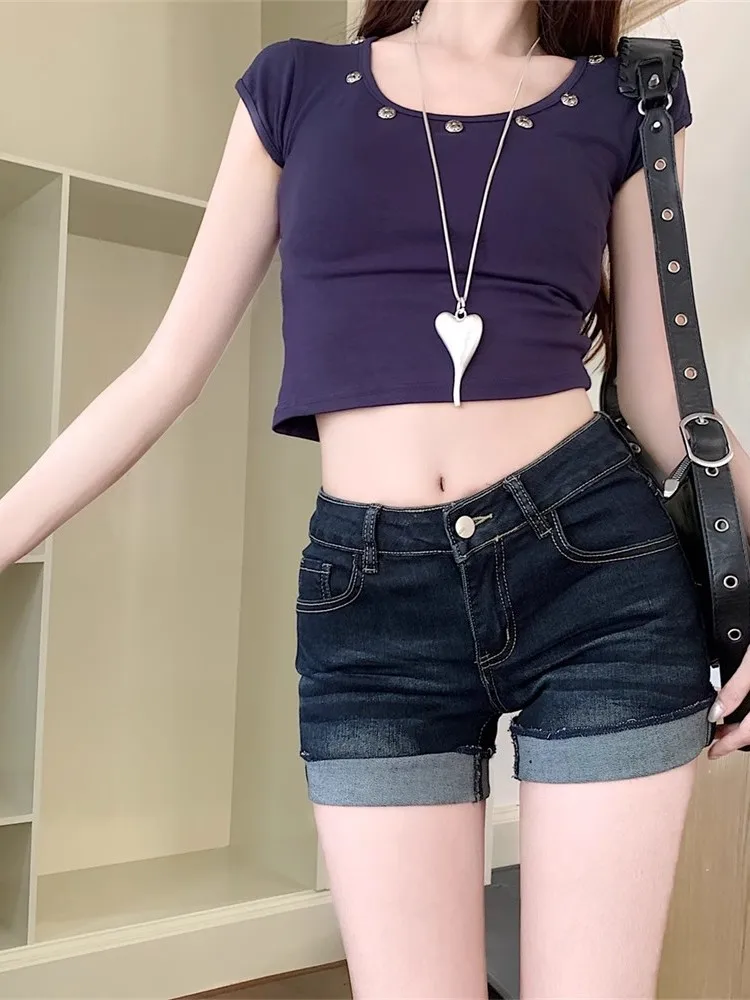 

Sexy American Style Short Jeans Low Waist Elastic Denim Shorts Women Summer Deep Blue Design Cuffed Hot Pants Slim Fit Short ...