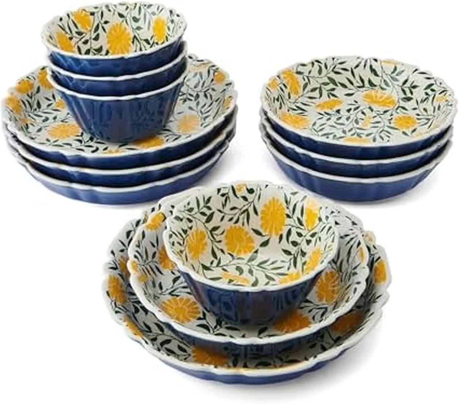 

Tranquil Elegance Floral 12 Piece Bowl Dinnerware Set, Service for 4, Blue