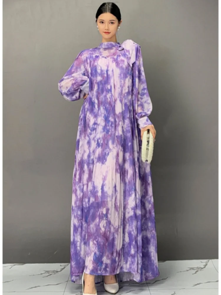 Vefadisa 2025 Spring Autumn New Violet Printed Women Dress Stand Collar Long Sleeve For Temperament Elegant Swing Dress ZXY995A