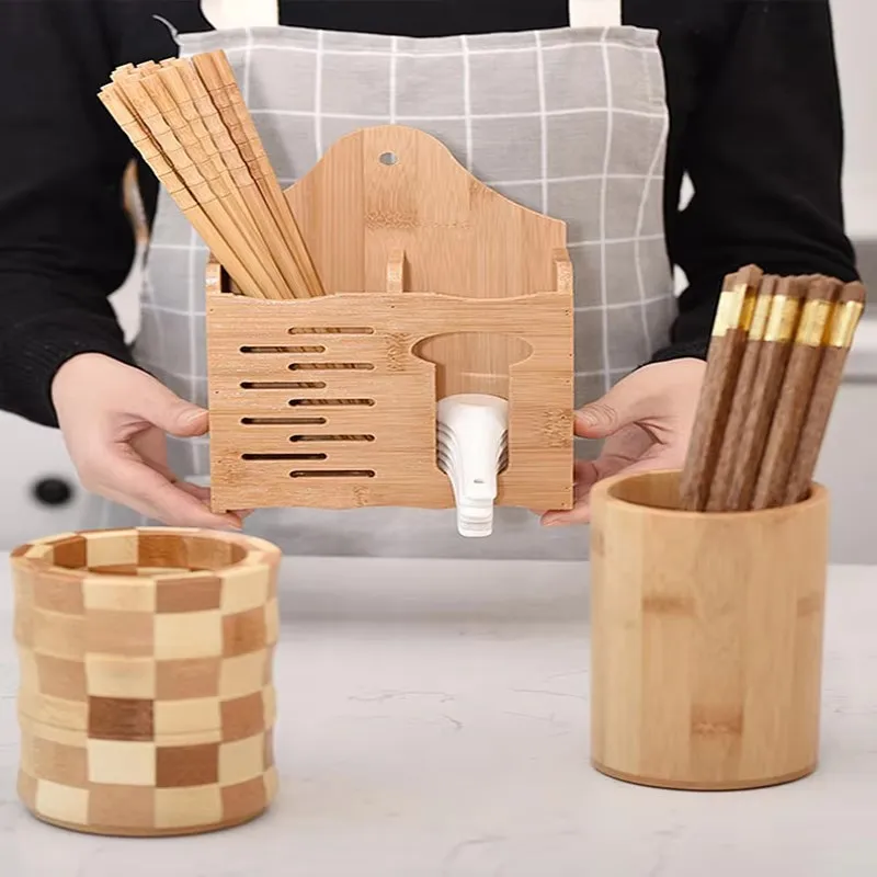 Eco-Friendly Bamboo Utensil Holder Round Square Chopsticks Organizer Kitchen Tongs and Spatula Drain Box Creative Cutlery
