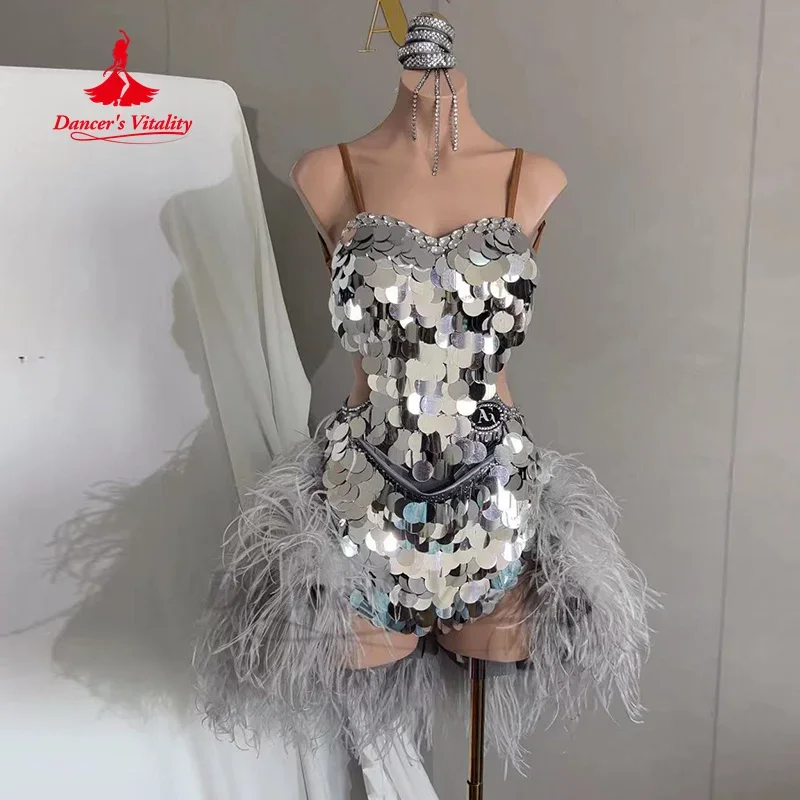 

Роскошные платья с перьями для латинских танцев, женский костюм для выступлений на заказ, танго, самба, румба, высококачественная одежда для соревнований с блестками