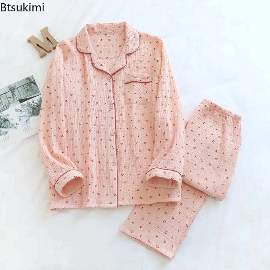 New 2025 Little Cherry Double Crepe Pajamas for Women Small Fresh Gauze Cotton Lapel Long Sleeve Trousers Cotton Homewear Set
