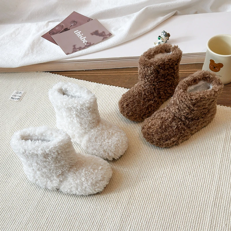 

New Winter Children's Outdoor Furry Boots Simple White Khaki Girls Ankle Plush Boots Warm Soft Bottom Kids Fashion Cotton Boots