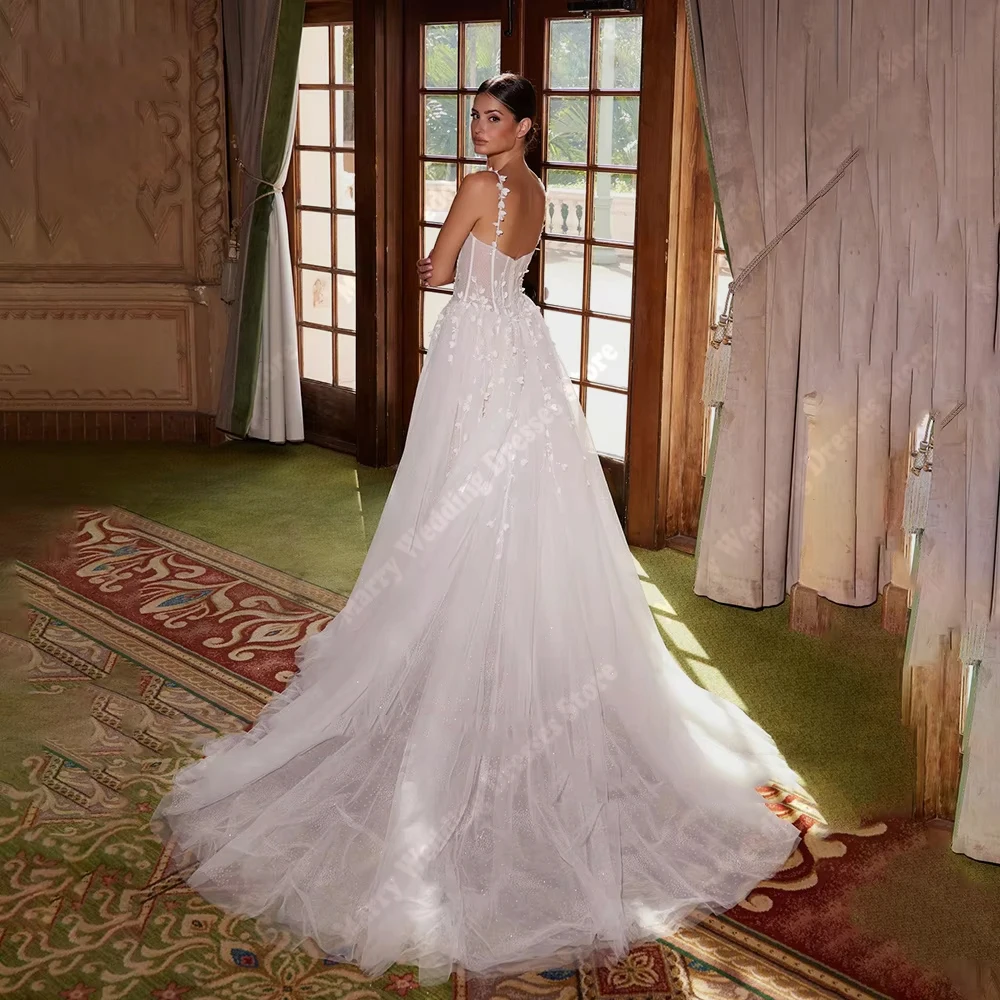 Vestidos De novia elegantes De corte a para mujer, Vestidos De novia con estampado De flores De encaje y cuello corazón, Vestidos De novia De princesa personalizados