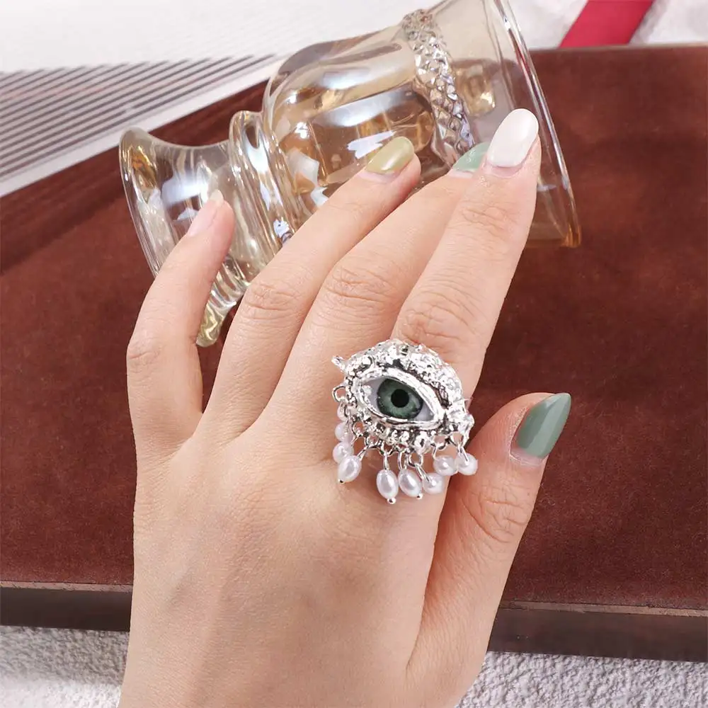 Jewelry Vintage Devil's Eye Ring Delicate Imitated Pearl Glaze Ring Exaggerated Tassels Opening Finger Ring Girls