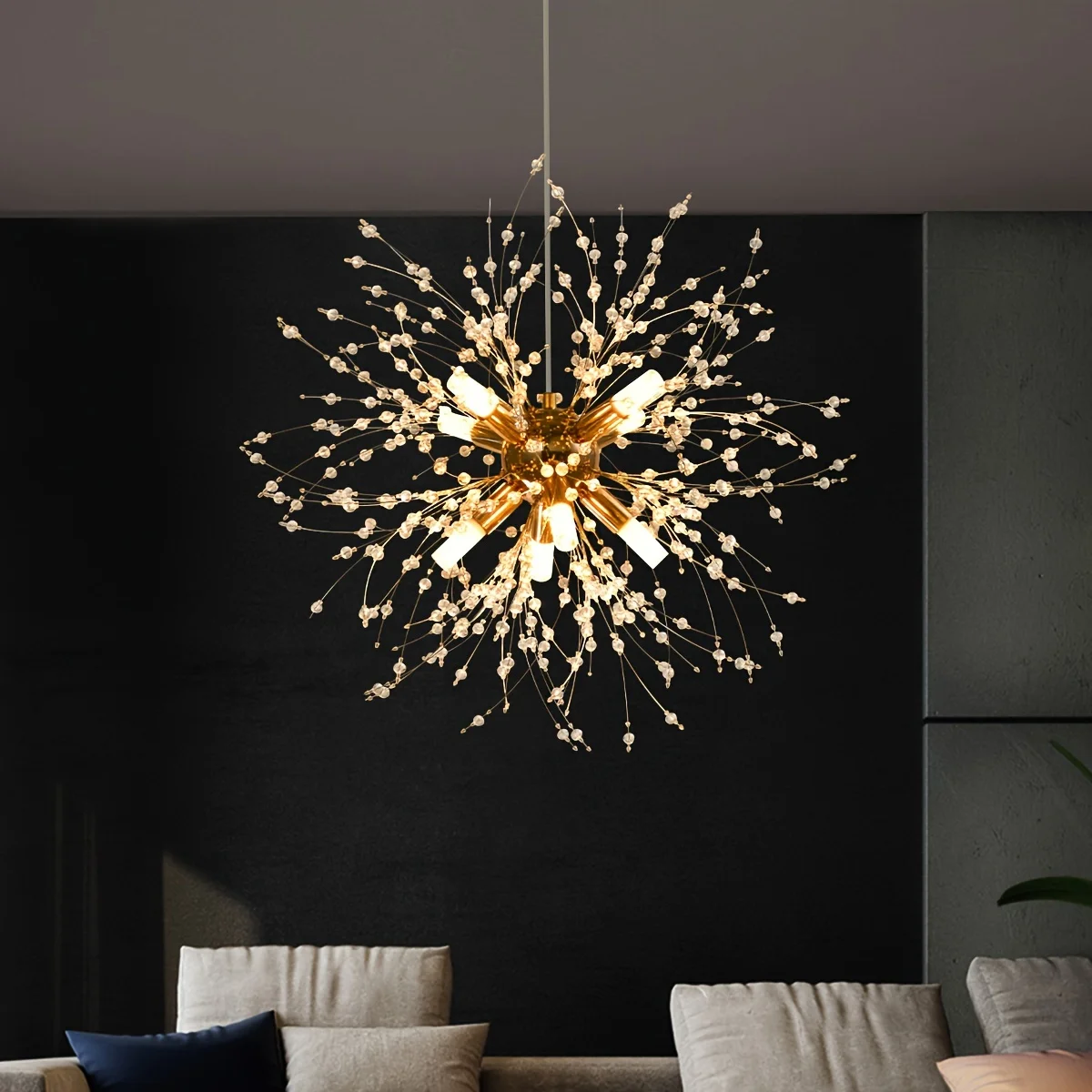 

Dandelion Shaped G9 Chandeliers Living Room Dining Room Bedroom Kitchen with Modern Golden 8 Lamp Heads Crystal Pendant Lights