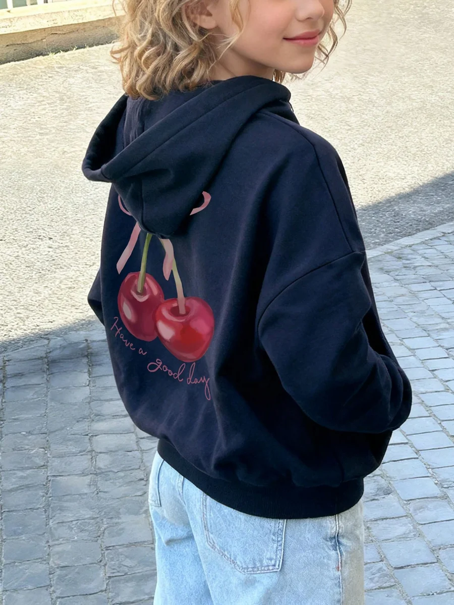 

Kids Oversized Hoodie with Cherry Print and Cursive Script, Soft Thermal Lined Sweatshirt for Casual Wear