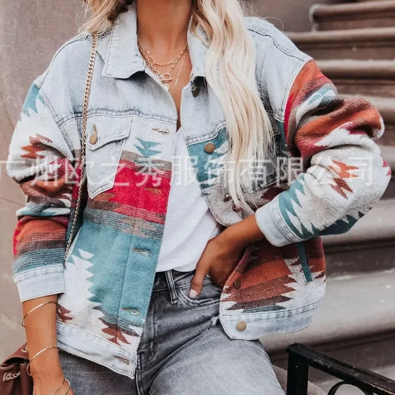 

Vintage Jacket Women Spring Loose Denim Woolen Jackets Retro Ethnic Y2k Long Sleeve Coat Shirt Streetwear Biker Goth Coat